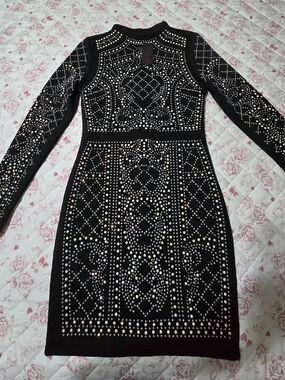 Hot Miami Styles Black Long-Sleeve Rhinestone Bodycon Dress